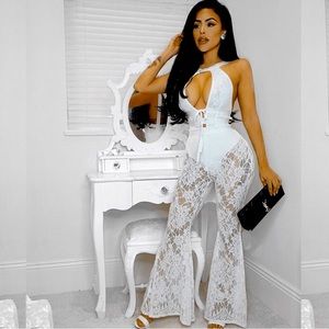 Lace Jumpsuit Wide Bell Bottom (includes white pantyhose) - SMALL - Color: White